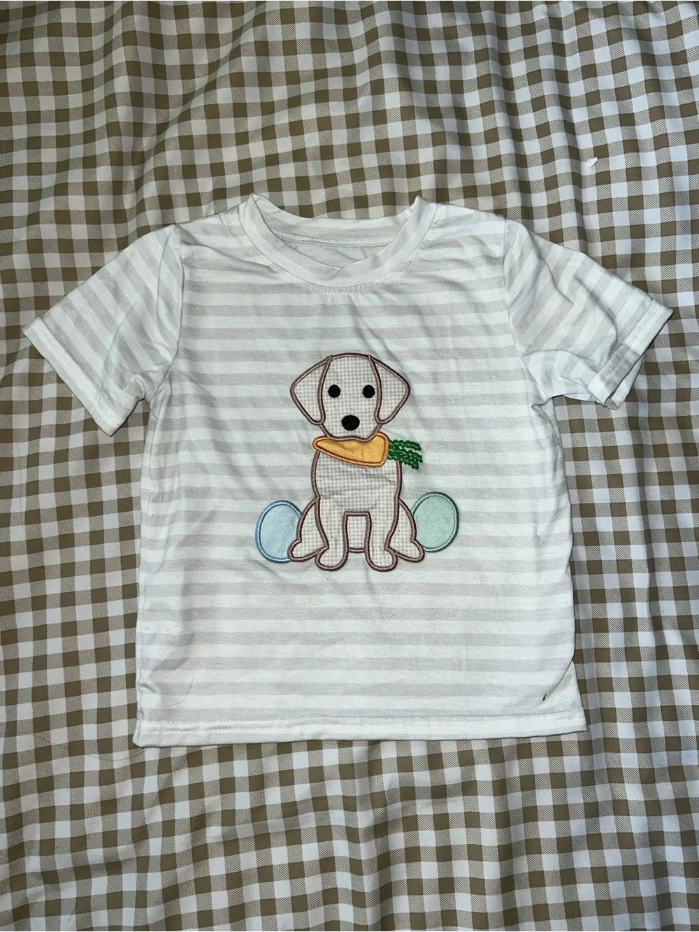Unbranded White & Light Gray Striped Kids Dog Appliqué Tee